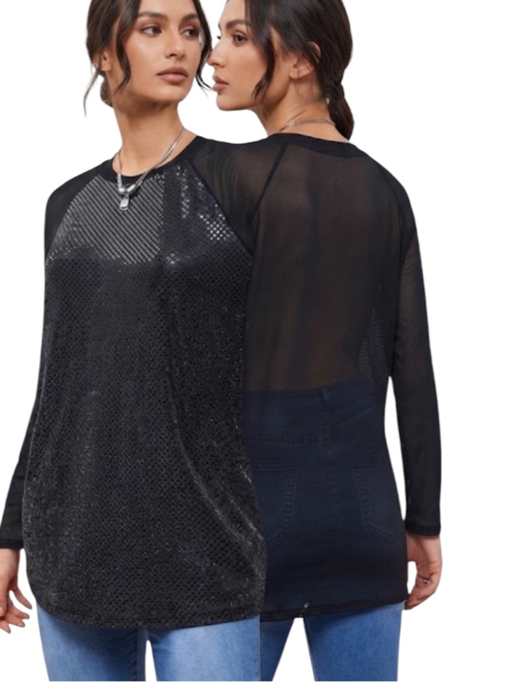 SHEINNeu Contrast Mesh Raglan Sleeve Sequin Top size XS new